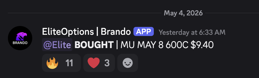 EliteOptions2's tweet photo. $MU 600C we bought at $9.40 yesterday it touched $43.79 today. 

$MU 650C we bought at $7.40 it ran to $16.40 in minutes

MU 471 was the trigger last week.. Just touched at 634.

Life changing trade if you caught it. https://t.co/9YqnadZvwX