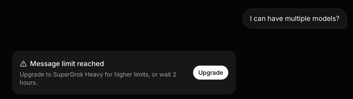 Hey <a href="/X/">X</a> @xAI <a href="/grok/">Grok</a> What the hell is this? I'm a Premium Plus subscriber and I'm locked out for 2 hours? This has gotten worse over the last few days. First is was "use a different model" and you could go from 4.3 to 4.2, then it would be only on "Auto" and now it's compeltely cut