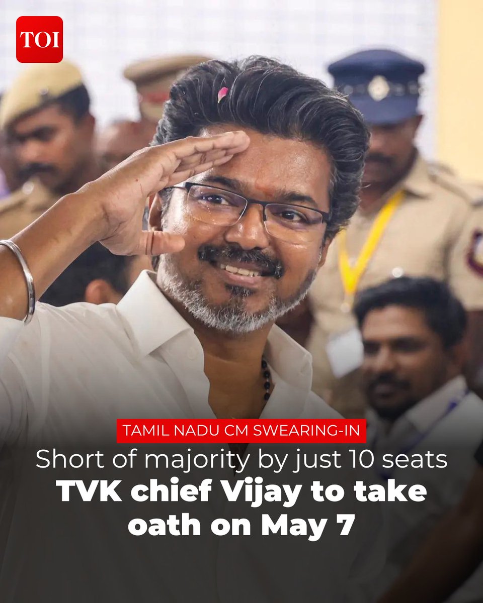 timesofindia's tweet photo. #TVK chief #Vijay is set to take oath on May 7 as the chief minister of #TamilNadu after securing victory in the state assembly elections with 108 seats, ANI reported citing sources on Tuesday.

The swearing-in ceremony is likely to take place at the Jawaharlal Nehru Indoor Stadium in #Chennai.

How will Vijay form a government? 🔗https://t.co/yPJvEGaWZ6