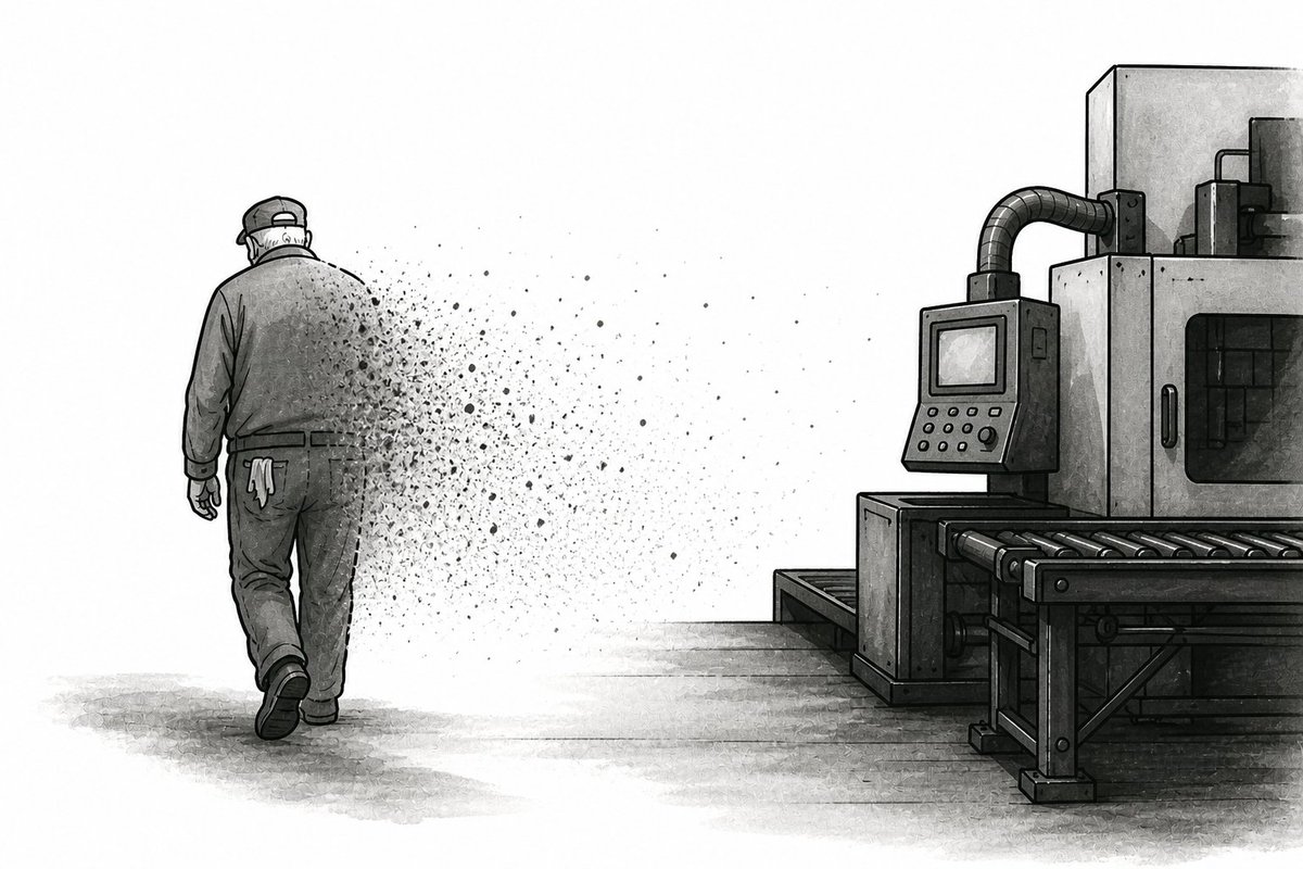 wandzilak_drew's tweet photo. THE GHOST IN THE MACHINE

Parker is retiring in April. The clock is running.

Every civilization has lost knowledge it didn't know it was carrying — Roman concrete, Stradivarius violins, Chamorro navigation. We're about to do it again, this time on the factory floor. 
https://t.co/FXPaM480b3
