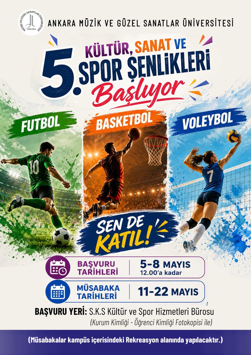 mguedutr's tweet photo. 5. Kültür, Sanat ve Spor Şenliklerimiz başlıyor! 🎉
Futbol, basketbol ve voleybol branşlarında düzenlenecek turnuvalara katılmak için takımınızı oluşturarak başvurunuzu yapabilirsiniz.
🗓️ Son Başvuru: 8 Mayıs 2026 – Saat 12.00 https://t.co/AaRf8ecmUe