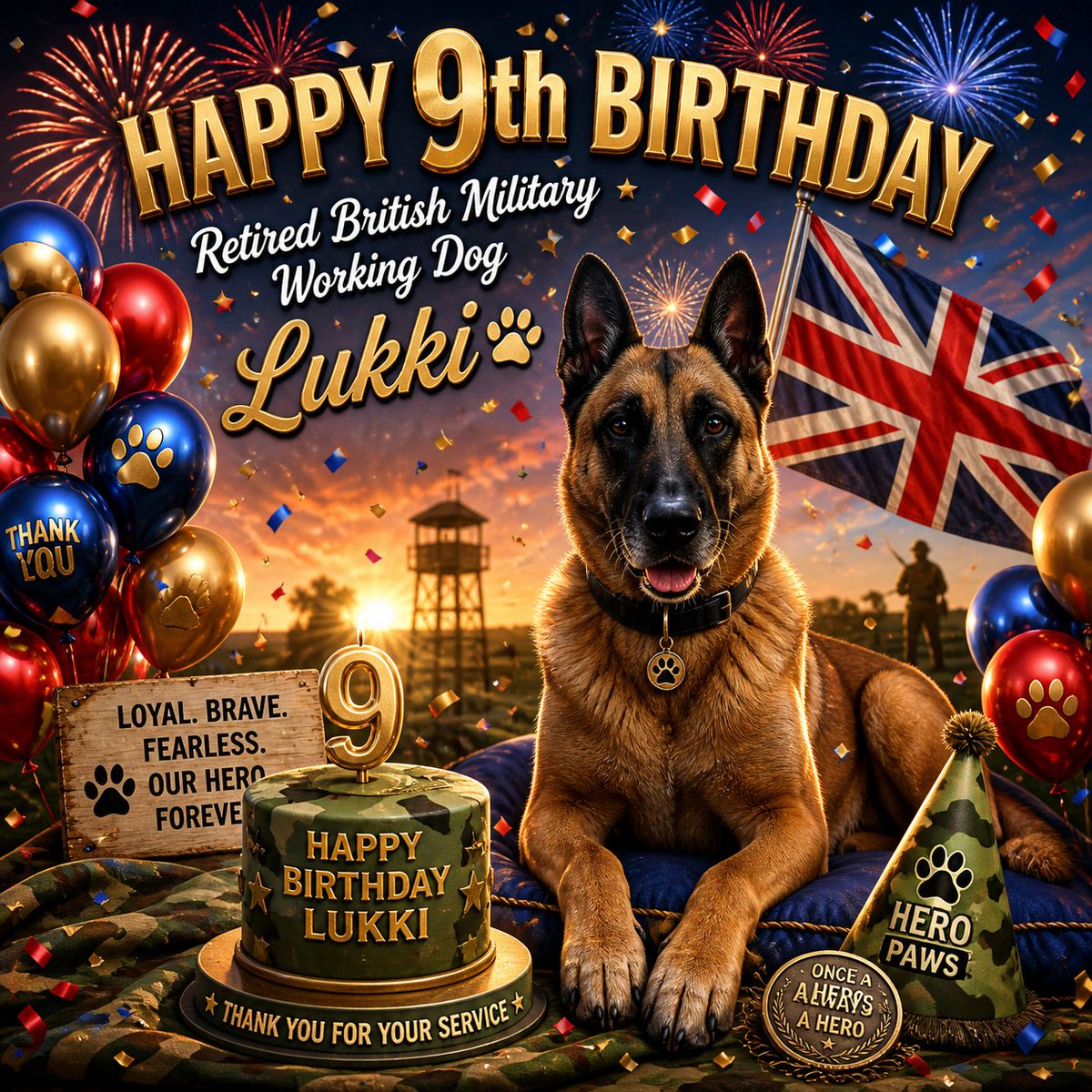 Heropawsuk's tweet image. 🎉 Happy 9th Birthday Retired British Military Working Dog Lukki 🐾

1st civilian burfday after 7 years’ service 🫡
Now living their best life with their favourite hooman 💙

Here’s to many more happy, healthy adventures 🎂🎉

#LifeAfterService #MilitaryDog #HappyBirthday