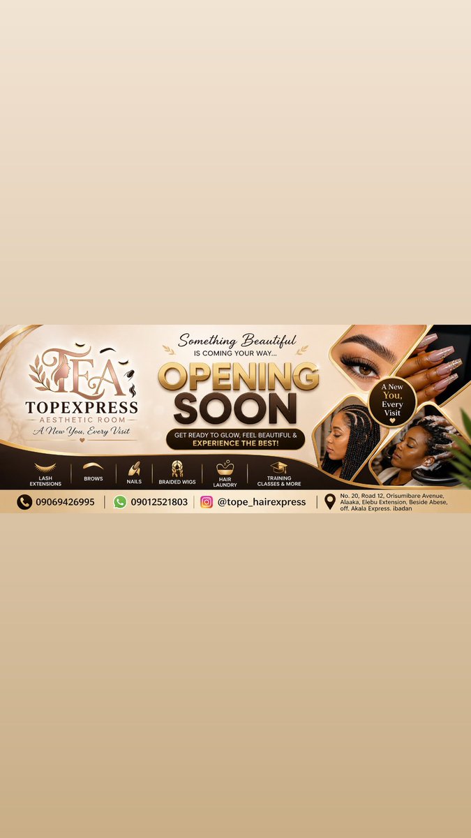 TemitopeMoren's tweet photo. IBADAN GET READY 🔥🔥

Your new favorite beauty spot is almost here!
Topexpress Aesthetic Room is bringing you premium lashes, flawless nails, perfect brows &amp; luxury braided wigs 😍

We’re opening soon and trust me… you don’t want to miss this glow ✨

📍 Elebu Extension, Ibadan https://t.co/B4zZLLySNJ