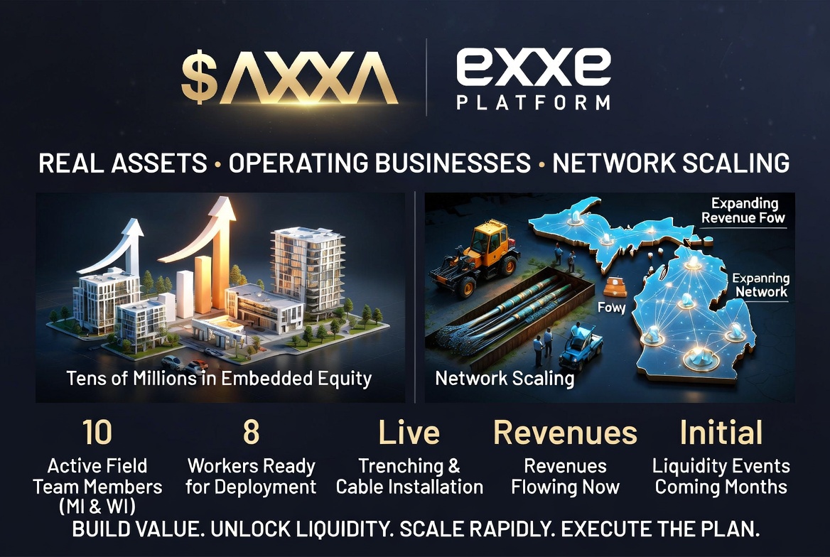 exxegroup's tweet photo. $AXXA | EXXE Platform| Real Assets |
Operating Businesses | Network Scaling

EXXE Platform includes multiple real estate and operating business projects sourced, managed, and incubated over the past several years, representing tens of millions in embedded equity positioned for staged liquidity conversion, with initial liquidity events expected in the coming months. Dozens of additional projects are in the pipeline for platform onboarding.

Network Scaling Channel | Active Expansion
At the same time, EXXE has already activated its national network-scaling strategy through a live field deployment. Future platform liquidity events expected to further accelerate expansion.
* 10 active field team members across Michigan and Wisconsin 
* 8 additional workers ready for deployment 
* Equipment scaled from zero to active trenching and cable installation units 
* Revenues from live network installations now flowing into the platform

Build value > Unlock liquidity > Scale rapidly > Execute the plan.
$AXXA #ExxeGroup #Infrastructure #RealAssets #RealEstate #RWA #Investing #StockMarket