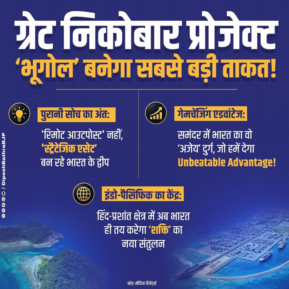 DipeshBathraBJP's tweet image. #NarendraModi जी

ग्रेट निकोबार प्रोजेक्ट.

समुद्र में भारत का वो अजेय दुर्ग जो देगा हमें Unbeatable Advantage.

@NarendraModi जी @BJP4India @BJP4MP @Ashish_HG @rajneesh4n @SuyashTyagiBJP @DeepakJainTinu @iamanbjp @anshultiwaribjp

#BJP4IND #BJP4MP #Dipesh_Bathra_BJP #दिपेश_बाथरा