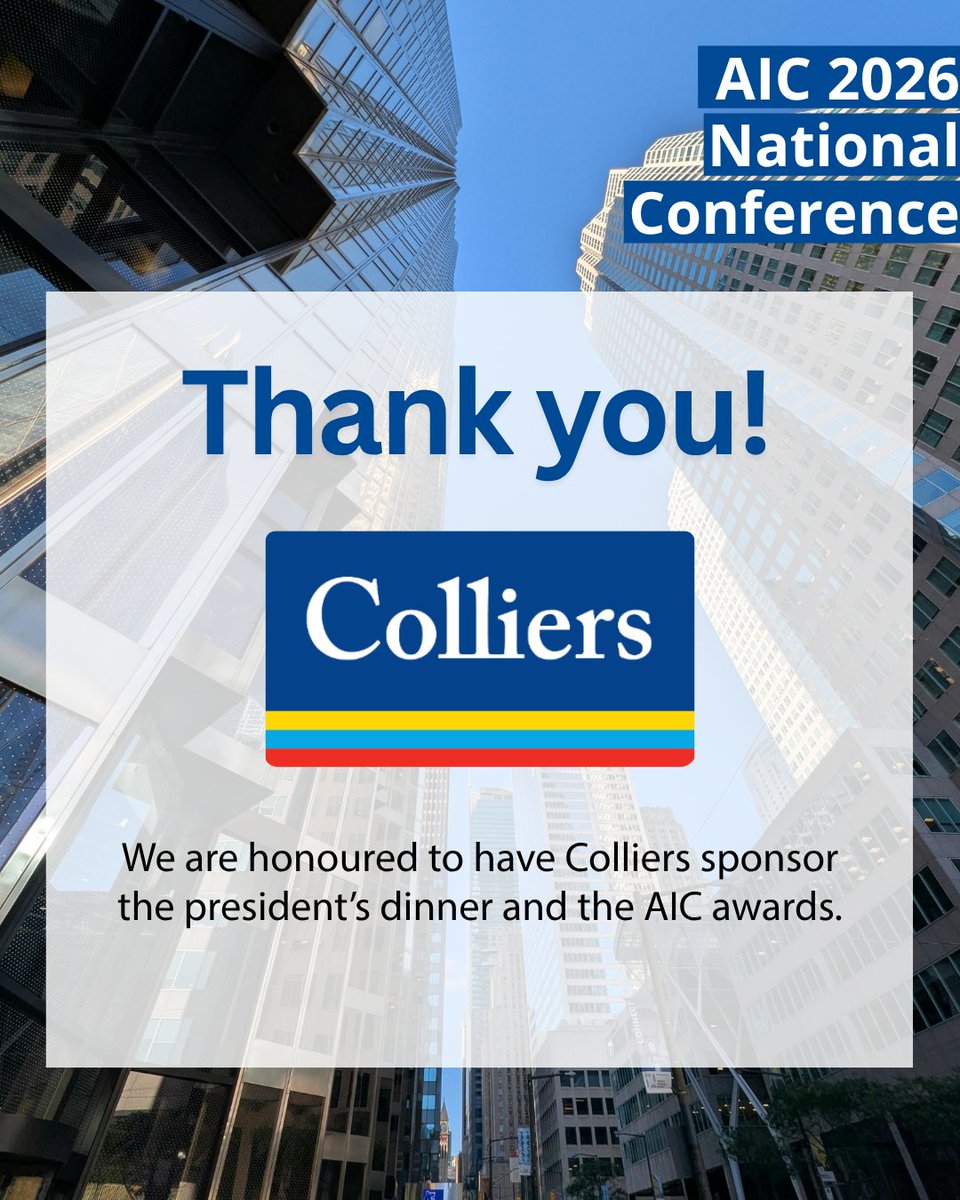 AIC_Canada's tweet image. We are proud to welcome @collierscanada as a key partner for #AIC2026!

📍 Where to catch the #Colliers team:
🔹 President’s Dinner
🔹 AIC Awards
🔹 Commercial Market Overview Panel: Look for the Colliers team sharing their expertise on our main stage.