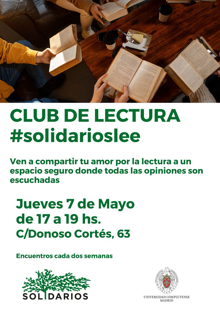 Solidarios_es's tweet image. Este jueves empezamos nuestro Club de Lectura en #madrid 
Anímate y ven a compartir libros y opiniones con personas de todos los programas de Solidarios.
#solidarioslee