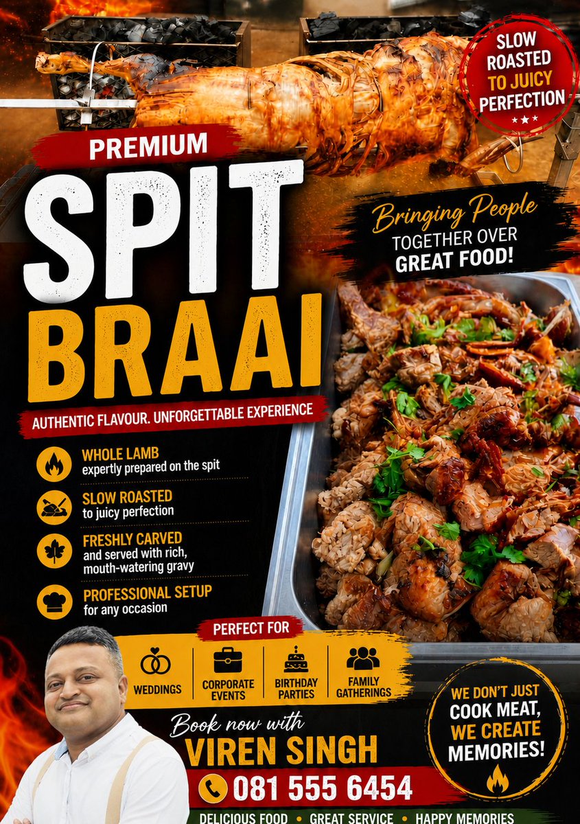 Avishan01's tweet photo. SPITT BRAAI by Viren Singh
The Ultimate Braai Experience in Durban!

From perfectly smoked peri-peri &amp; tandoori chicken straight off the grill, to juicy boerewors sausages, tender spit-roasted whole lamb, and slow-cooked pulled meat bursting with flavour-we bring the fire and.... https://t.co/OwA2Pbkn11