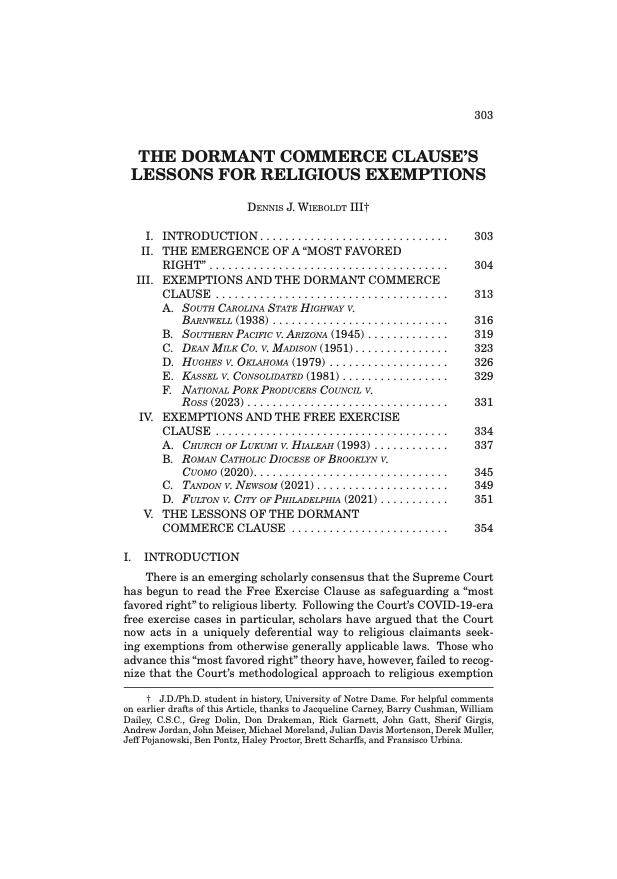 DennisWieboldt's tweet photo. Happy to share the final version of my @CreightonLawRev article, "The Dormant Commerce Clause's Lessons for Religious Exemptions." Thanks to many friends and mentors for their help on earlier drafts! Available on SSRN: https://t.co/kqsqnpnqja. https://t.co/04smYYyF3S