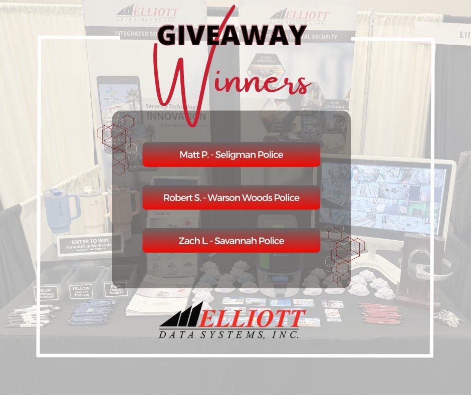 ElliottData's tweet photo. Congratulations to Matt, Robert, and Zach on winning the Stanley Tumblers at the Police Chiefs Conference. Thank you for stopping by the Elliott Data Systems exhibit! https://t.co/jEIsHQY7vf