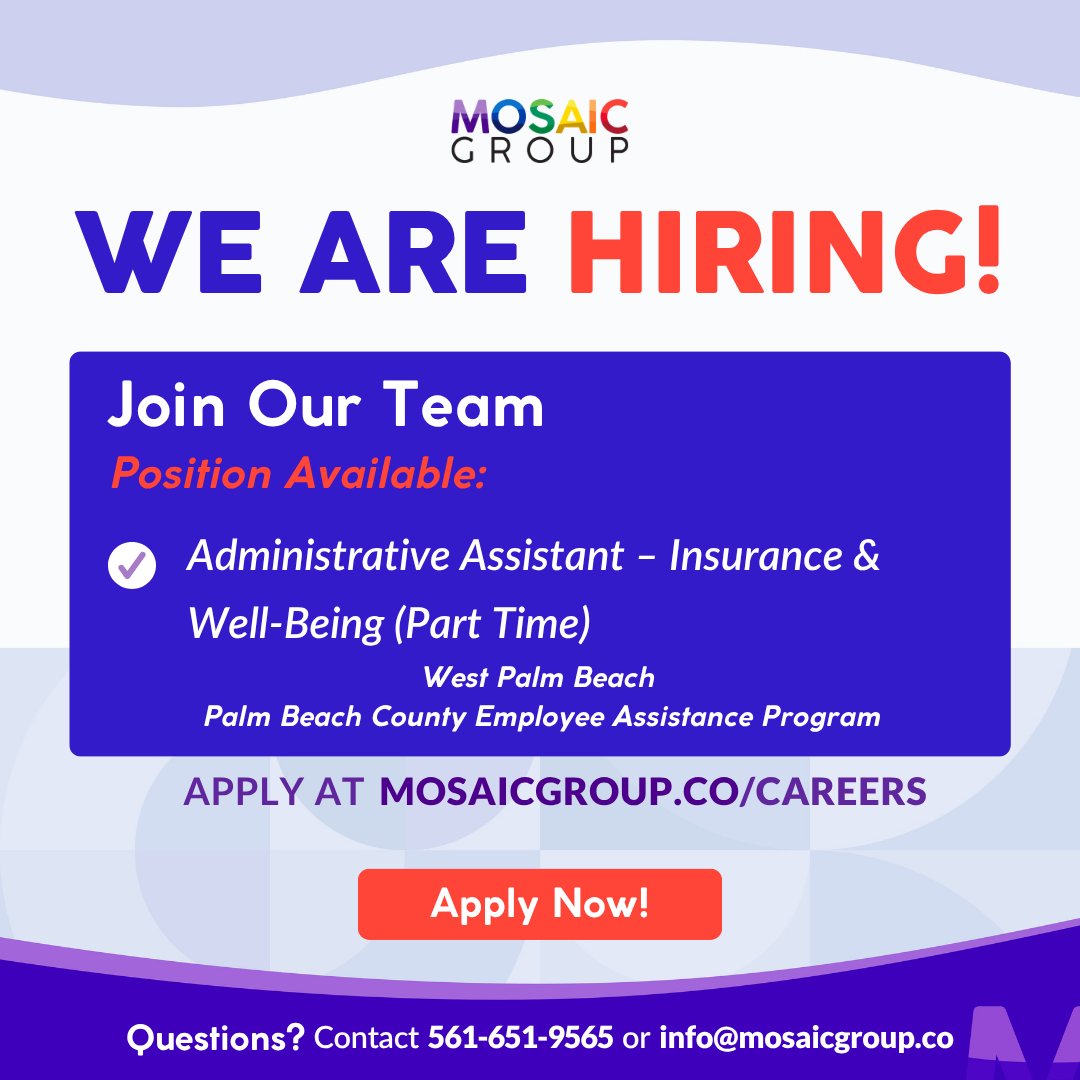 TheMosaicGroup's tweet photo. Know someone who is a pro at keeping things organized and loves helping people? We’re hiring a part-time Administrative Assistant for the Palm Beach County Employee Assistance Program. 

If you are interested, apply today: https://t.co/h95TFln13A https://t.co/GIOEfcJcYv