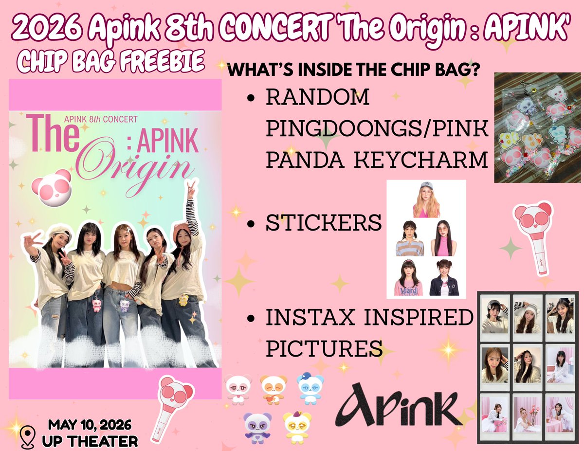 2026 Apink 8th CONCERT 'The Origin : APINK in Manila'
Fan Support by <a href="/ahnmuli/">Ey El Em</a> 

- RANDOM PINGDOONGS/PINK PANDA KEYCHARM
- RANDOM MEMBER STICKERS
- INSTAX INSPIRED PICTURES

🩷 Open for trades, DM me.
See you on D-day!
#The_Origin_Apink_Manila #ApinkInManila