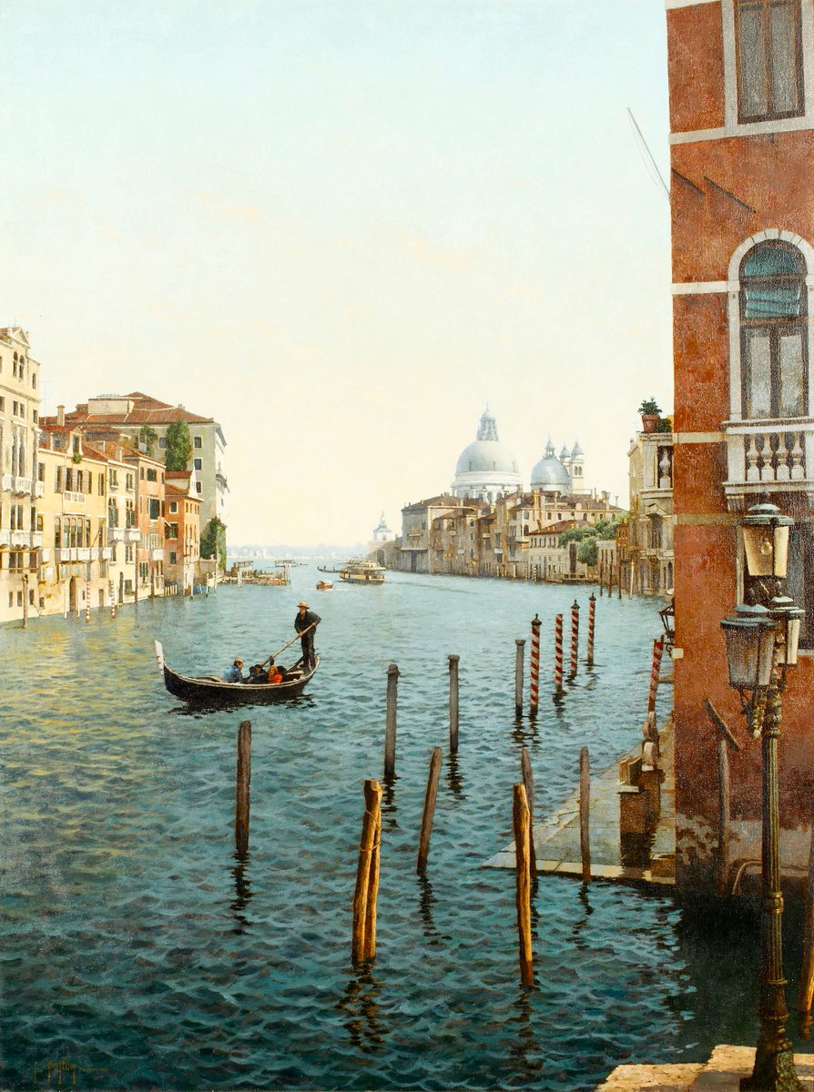 hodgetts_susan's tweet image. Along the broad line of the Grand Canal;
And, in the smaller water-ways, a patch
Of wall, or dim bridge arching overhead.
But I could feel the rest. 'Twas Venice!—ay,
The veritable Venice of my dreams.

✍️Ada Cambridge (1844-1926)

🎨Randy Peyton (American, 1958 -)
 #Venice #Art