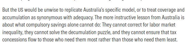 te_sprick's tweet photo. Finally read the @MorningstarInc piece on the idea that the US should adopt Australia's superannuation system. Here's the key point, and it's a good reminder in light of the recent EO: universal access is vital, but it's not the end goal—or, rather, it's just one component. https://t.co/NetZqjvuZ2