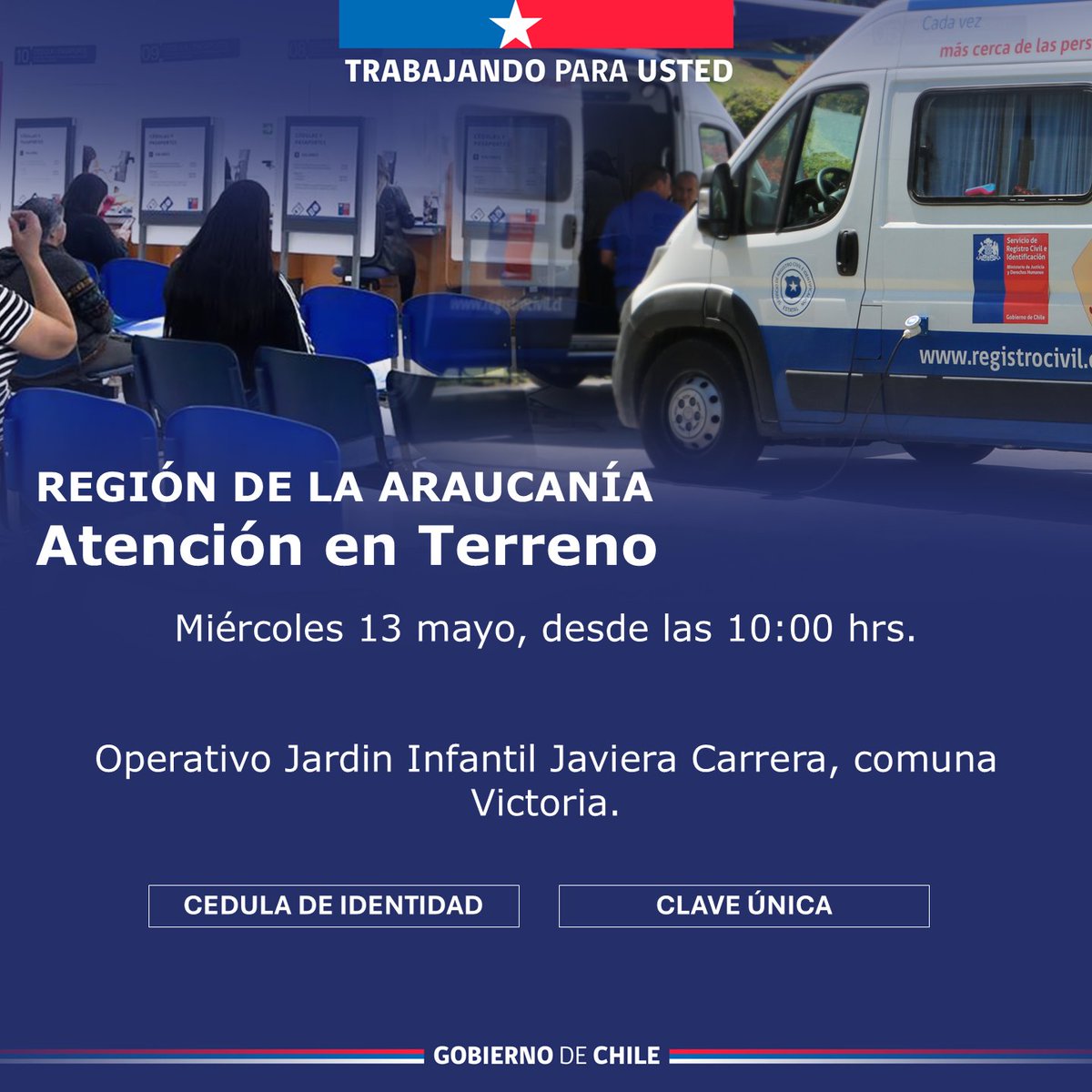 📢 Actualización de información Atención en Terreno
Informamos a la comunidad que el 13 de mayo, nuestro equipo estará presente en Victoria, desde las 10:00 hrs. Acercando nuestros servicios, a través de operativos en establecimientos educacionales y espacios comunitarios.