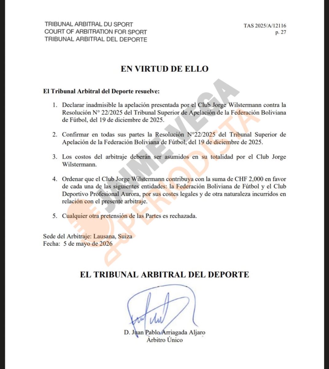 JaimeVegaOk's tweet image. #LoÚltimo EL #TAS DECLARA INADMISIBLE LA APELACIÓN PRESENTADA POR #WILSTERMANN. Y con esto queda cerrado el tema de su descenso y que además se reconfirma que la dirigencia del aviador no manejó bien el tema ni se defendió como corresponde. Sigue.
