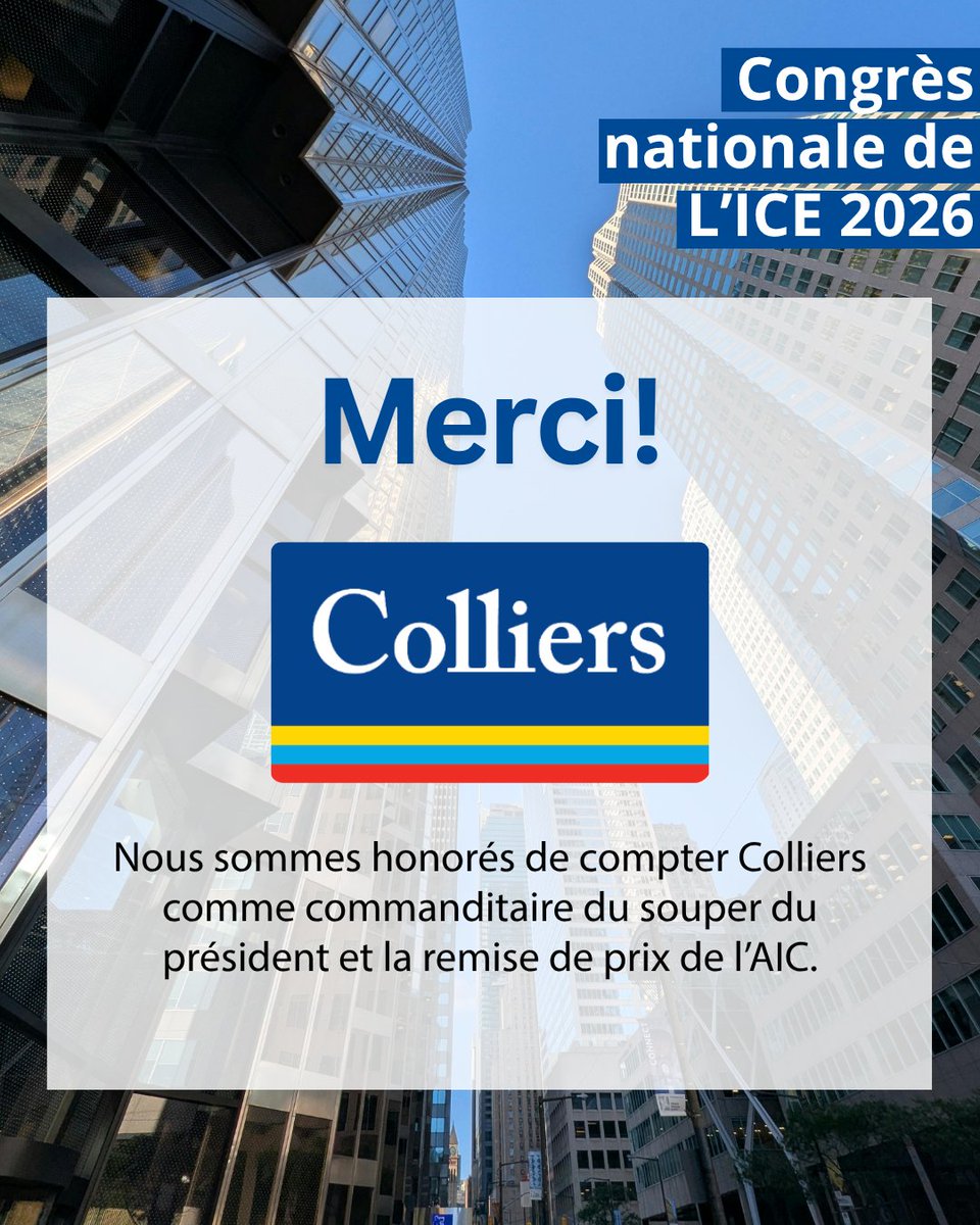 AIC_Canada's tweet image. Nous sommes fiers d'accueillir @collierscanada en tant que partenaire clé de #ICE2026!

📍 Où retrouver l'équipe #Colliers :
🔹 Dîner du président
🔹 Remise des prix de l'ICE
🔹 Table ronde sur la situation du marché commercial : Ne manquez pas l'équipe de Colliers qui partagera