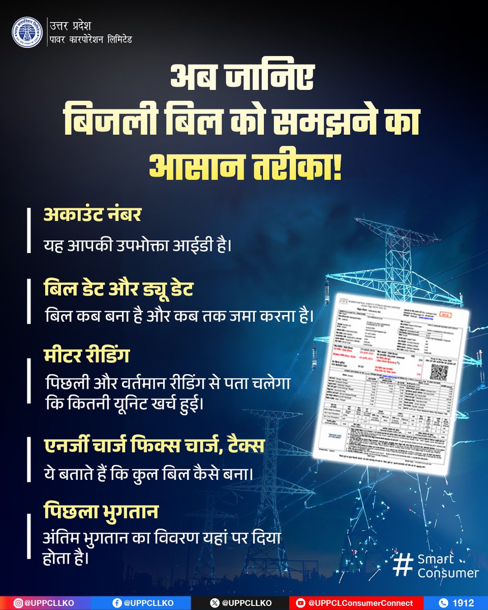 puvvnlballia's tweet image. बिजली बिल को समझना अब हुआ आसान! हर जानकारी को सही से समझें और बनें जागरूक व स्मार्ट उपभोक्ता।
#KnowYourBill #SmartConsumer #DigitalIndia #UPPCL 
@UPPCLLKO
@EMofficeUP
@aksharmaBharat
@mduppcl