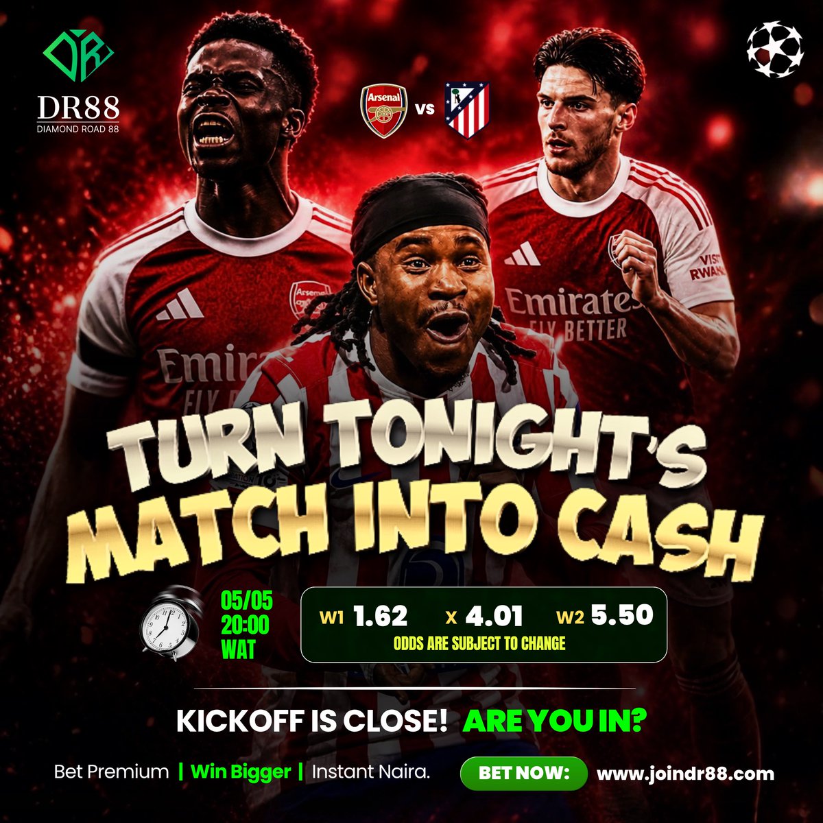 TONIGHT’S CASH OUT: ARSENAL VS ATLETICO!
Kickoff is almost here—turn your football knowledge into instant cash.
Main Points:
• Elite Odds: W1 at 1.62, Draw at 4.01, and W2 at 5.50.
• Kickoff Time: Match starts tonight, 05/05 at 20:00 WAT.
• Instant Value: Secure bigger wins