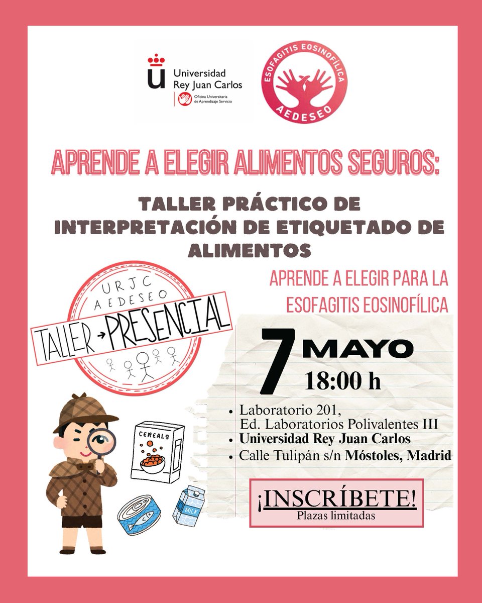 ESCET_URJC's tweet photo. Taller práctico de Interpretación de etiquetado de alimentos. Aprende a elegir para la Esofagitis Eosinofílica

7 de mayo  
Laboratorio 201 - Laboratorios III  (Móstoles)

Inscripciones:

https://t.co/sNhVlMyqxg https://t.co/zejncfSvH0
