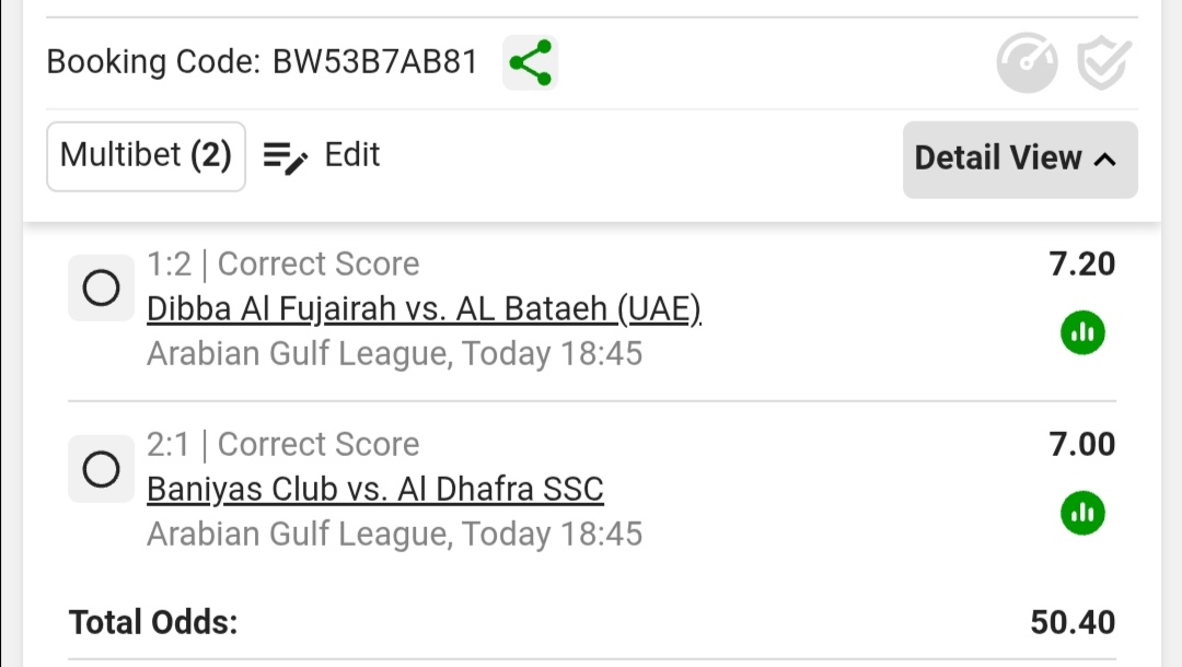 ⚫ Betway:  BW53B7AB81   50 odds
🟢 Betpawa:    1AJBTNV  44 odds