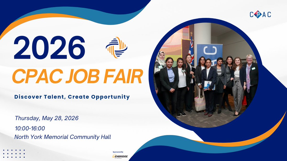 CPACCanada's tweet image. Looking for your next career opportunity?

Join the 2026 CPAC Job Fair on May 28 at North York Memorial Community Hall.

Free for job seekers who register before the event.

register: cpac-canada.ca/job-fair/
#CPACJobFair #TorontoJobs #JobFair