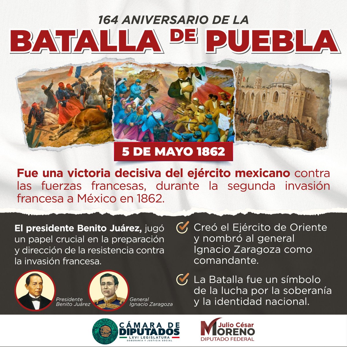 julioc_moreno's tweet photo. El 5 de mayo no es solo una fecha histórica, es un recordatorio vivo de lo que somos capaces de lograr cuando el pueblo de México se une.

Desde Puebla, en 1862, demostramos que la dignidad y la soberanía no se negocian. Hoy, ese mismo espíritu nos guía para seguir defendiendo a nuestra nación con convicción, trabajando todos los días por un país más justo, libre y con bienestar para todas y todos. 

@PartidoMorenaMx @A_MontielR @MorenaCiudadMex 

#JCM