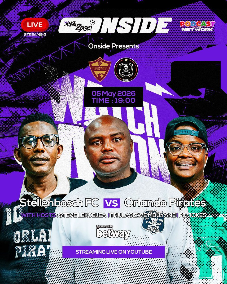 podcastwithmacg's tweet photo. Live Stream ๐ด
Pirates vs Stellenbosch FC โฝ๏ธ
Is this game important to Pirates in order to gain points ๐
Catch the watch-a-long of #OnsideZa tonight at 7pm ๐ on YouTube ๐ด as we witness the outcome of this big game https://t.co/jJYHrYuUUz