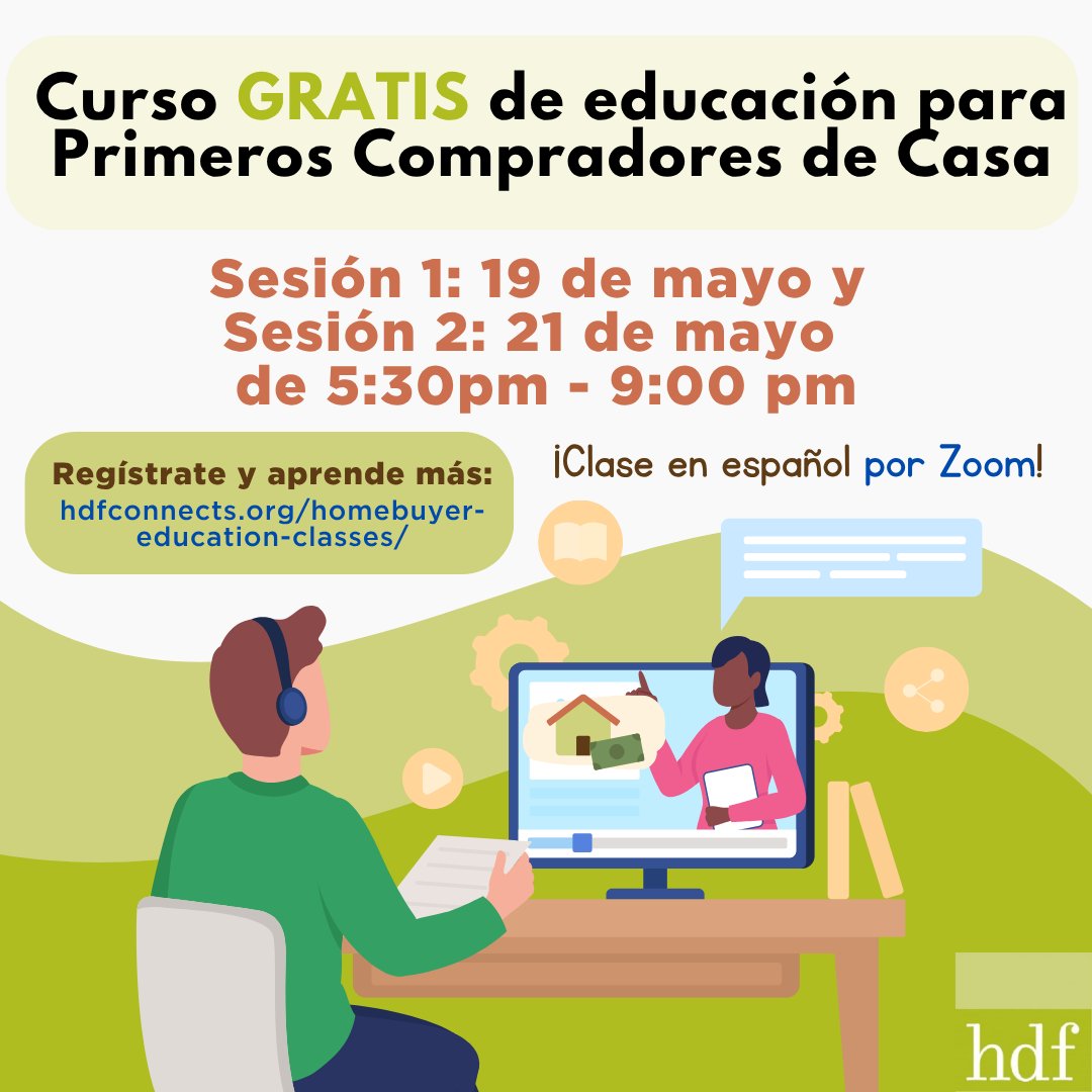 HDFCT's tweet photo. 🏡¿Está pensando en comprar su primera casa? Comience con una clase educativa para primeros compradores de casa.

Sesión 1: 19 de mayo
Sesión 2: 21 de mayo
5:30-9:00pm (ambas sesiones)
en línea by Zoom

Inscríbete aquí: https://t.co/mw6YnfHKCJ https://t.co/prgEHGRiOX
