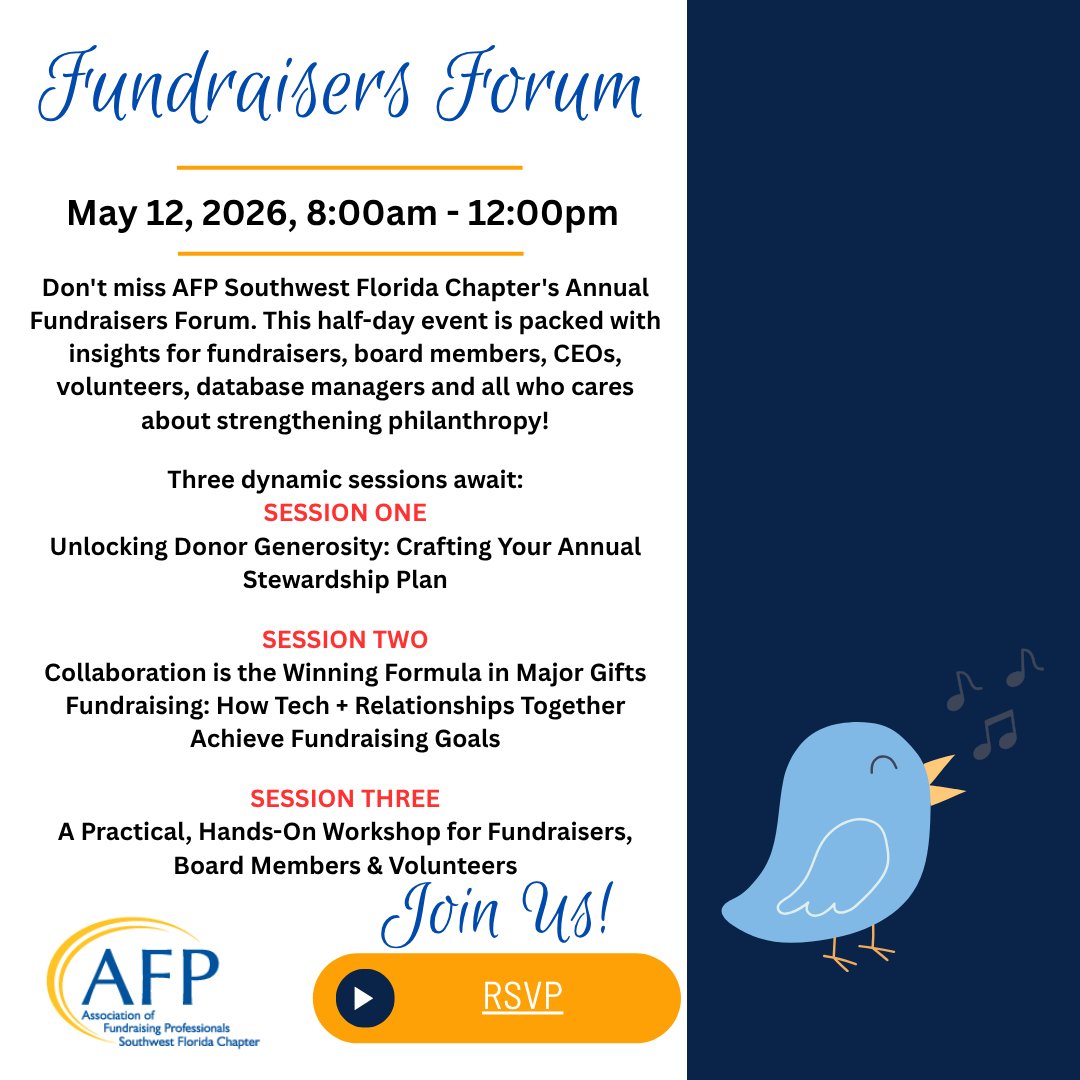 AFPSWFL's tweet photo. Don't miss AFP SWFL Chapter Fundraisers Forum on May 12, 8:00AM-Noon, The Carlisle Inn, Sarasota. This half-day event is packed with insights for fundraisers, board members, CEOs, volunteers,  and all who care about strengthening philanthropy! RSVP at https://t.co/JKDDlVWwKI. https://t.co/2pIif2TuOH