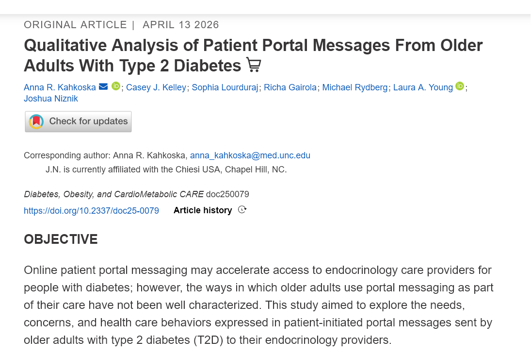 UNCGeriatrics's tweet photo. Can online patient portal messaging accelerate access to endocrinology care providers for people with diabetes?

Anna Kahkoska, MD, PhD and other @UNCGeriatrics personnel address this in a  recent @AmDiabetesAssn  journal article:
https://t.co/UZJY46ENMN https://t.co/PJity6U8q1