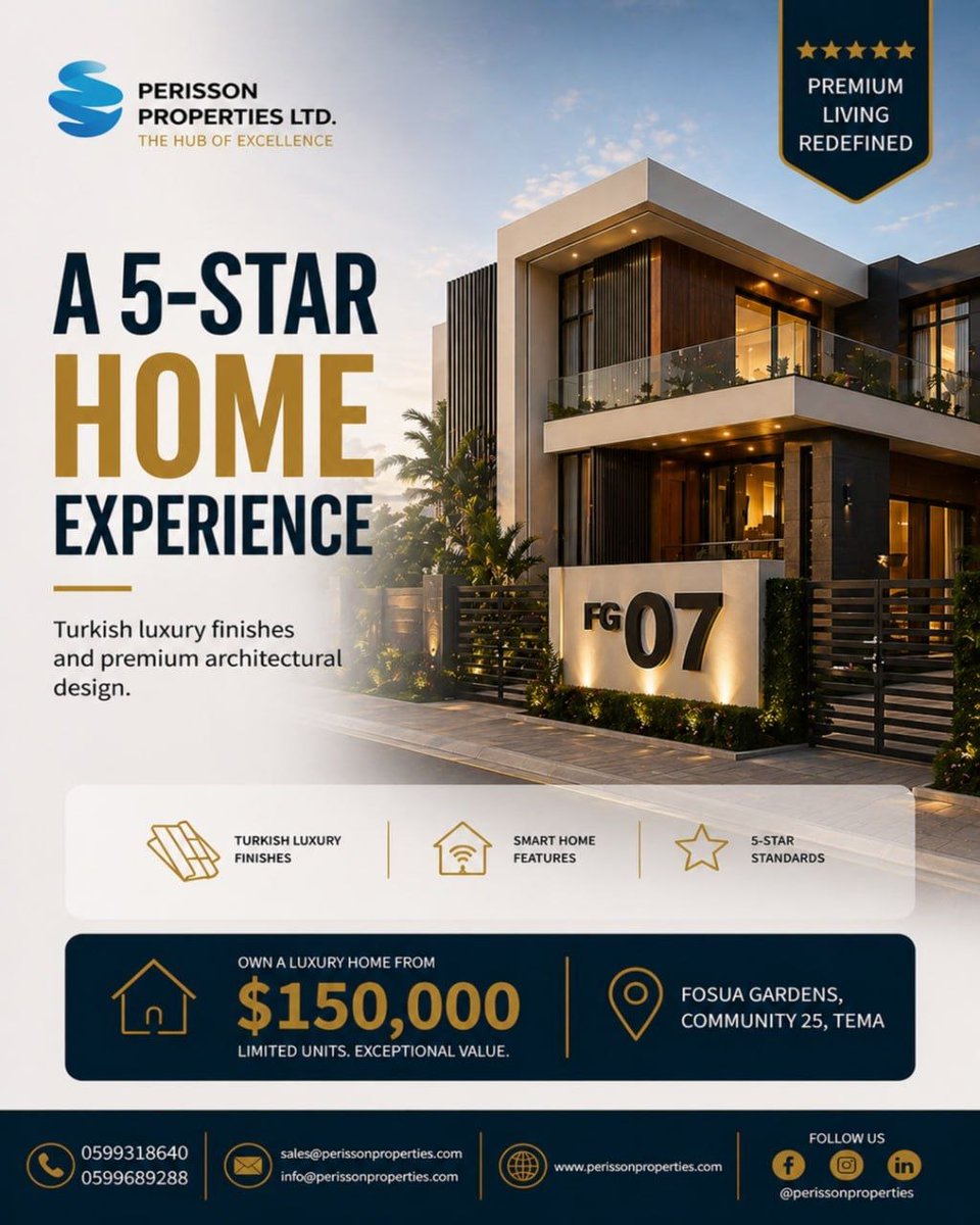perissonpropt's tweet image. Designed with premium Turkish finishes and built for comfort, this is a home that feels as good as it looks.

💬 Reach out to learn more wa.me/233599689288
 #PerissonProperties
#LuxuryLivingGhana
#OffGridLiving