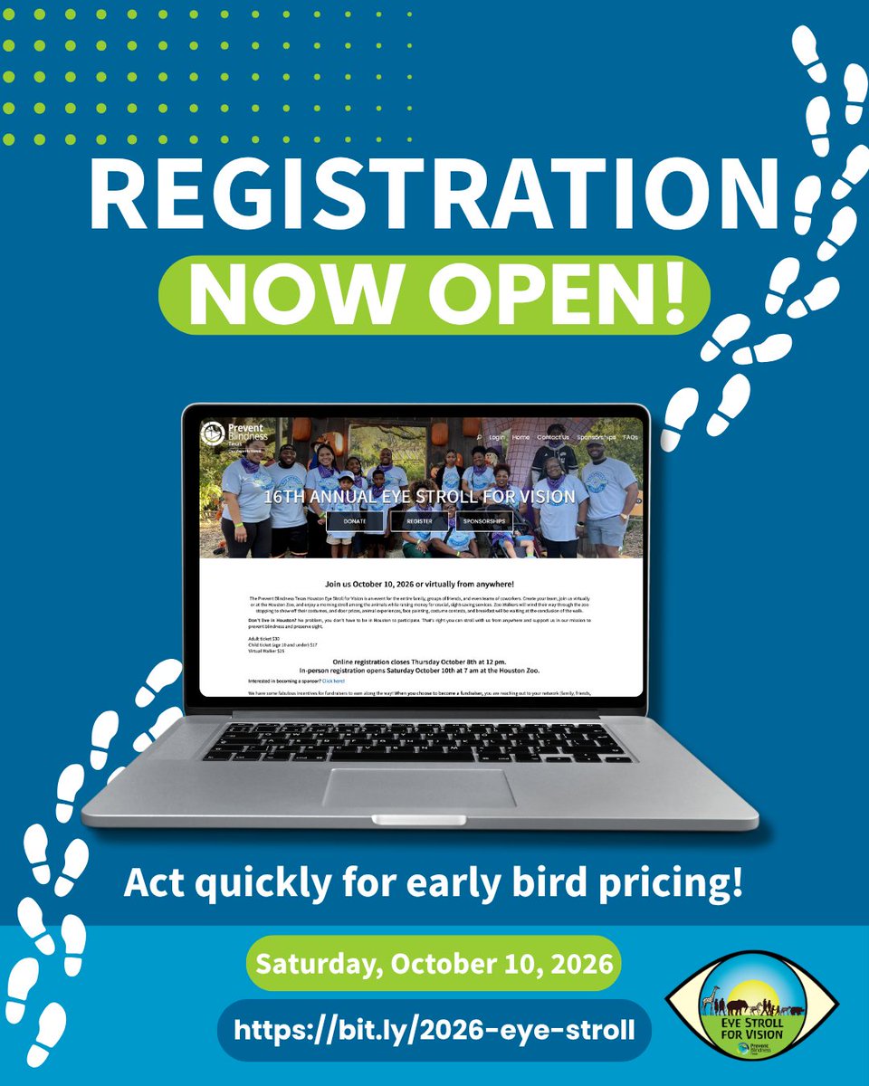PBTEXAS's tweet photo. 🎉 Registration is NOW OPEN! 🎉 Join us for Eye Stroll for Vision &amp; be part of a fun, family-friendly event supporting healthy vision across Texas. 👀💙

✨ Register now to take advantage of early bird pricing before it’s gone! https://t.co/e2kMx43l5C #PreventBlindness #EyeHealth https://t.co/Lkz4u192GW