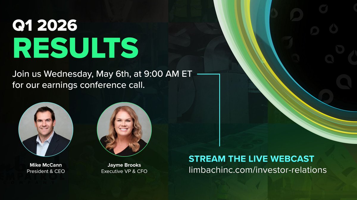 limbachinc's tweet photo. Join $LMB tomorrow at 9 am EST for our Q1 2026  earnings conference call. Mike McCann, President &amp; CEO, &amp; Jayme Brooks, Executive VP &amp; CFO, will share and discuss our Q1 2026 results with a Q&amp;A to follow. Click here to join the webcast: https://t.co/AQiSy35anY