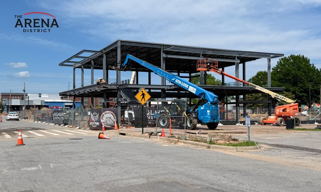 NabProp's tweet photo. Big progress at The Arena District 👀 Site work’s done and steel is up for Willy D’s. It’s starting to take shape. https://t.co/jj4XGYzca0