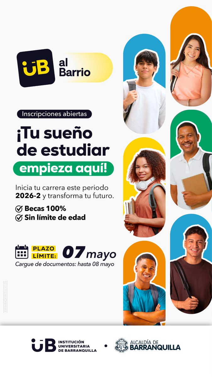 AlejandroChar's tweet photo. ¡Abrimos inscripciones para IUB al Barrio 2026-02, con mil cupos para transformar vidas! 

Si eres egresado de un colegio público o privado de Barranquilla, esta oportunidad es para ti. Podrás formarte en Inteligencia de Negocios, Administración de Negocios Internacionales, Ingeniería en Seguridad y Salud en el Trabajo y muchos más, cerca de tu comunidad.

Le seguimos apostando a que la educación superior de calidad llegue a todos los rincones de Barranquilla, porque cuando un joven sale adelante, avanza toda la ciudad.

Conoce más información e inscríbete aquí hasta el 7 de mayo: https://t.co/7TNrCTSCXc
