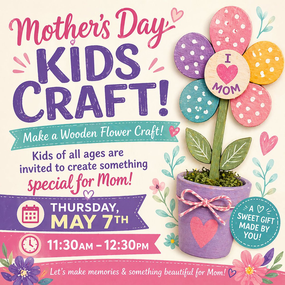 carsoncitylib's tweet image. Little hands, big love 💕
Bring the kids to create a beautiful wooden flower just for Mom this Mother’s Day!

🗓 Thursday, May 7th
⏰ 11:30 AM – 12:30 PM
🌼 Perfect for kids of all ages!

#FamilyTime #MothersDayCraft #CarsonCityLibrary #CreativeKids
