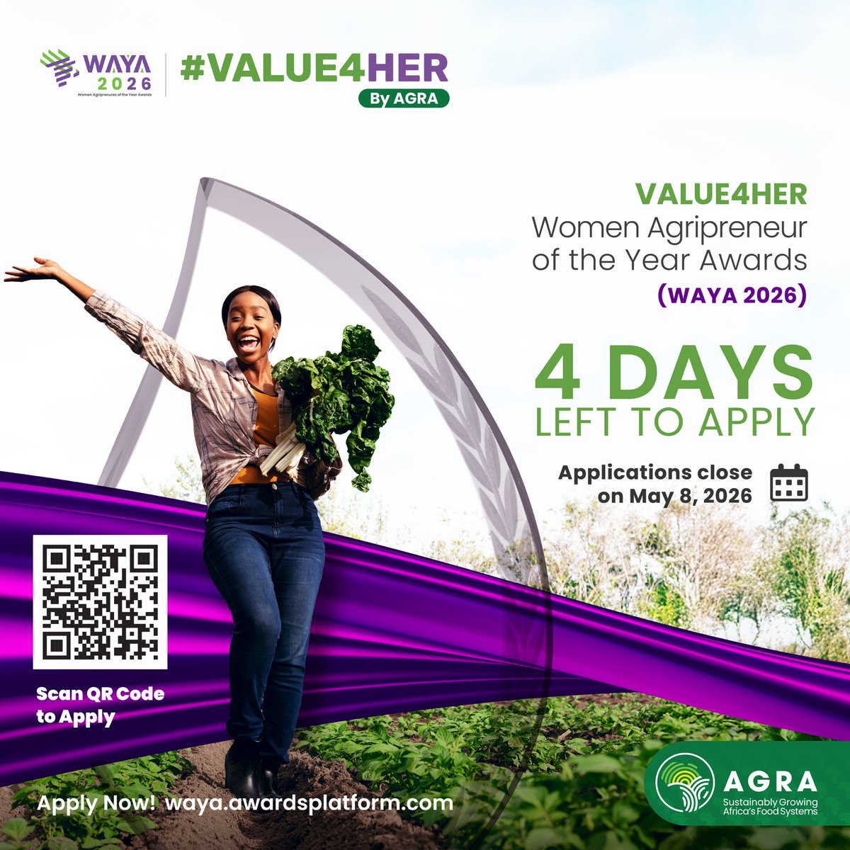 AGRA_Value4Her's tweet photo. 4 days left! 

The window to join #WAYA2026 is closing fast. This is the moment for agrifood innovators to claim a spot on the continental stage. 

Deadline: 8th May 2026

Apply here: https://t.co/OQS0QBWN78

#AGRA #AGRAImpact #WAYA2026 #Value4her https://t.co/OPKdgq0WOO