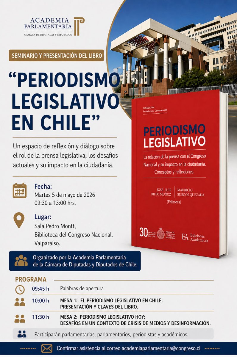ChileAcademia's tweet photo. Ahora: Seminario y Presentación Libro: “Periodismo Legislativo en Chile” en @bcnchile y @ChileAcademia https://t.co/gWlUaqpnjn
