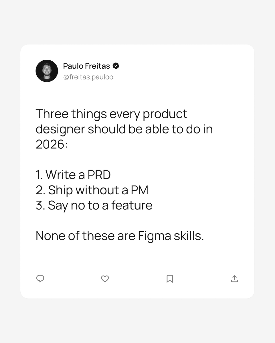 dudesign_us's tweet image. Most designers think the next level is more Figma fluency. New plugins, faster components, sharper variants.
It's not.
The senior product designers I respect all have three things in common, and none of them happen inside Figma.

#productdesign #productdesigner #uxdesign