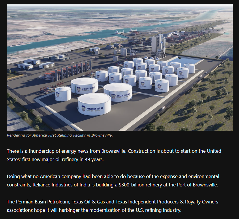 Espinoza4TX's tweet photo. The proposed $300 billion Port of Brownsville refinery—backed by India’s Reliance—makes no economic nor environmental sense, and should be cancelled. 

Free markets are already moving toward Solar + Battery Storage. 

In #TX34, only one candidate is fighting for clean renewable energy and a sustainable future, while the TWO LAWYERS stay STUCK IN THE PAST.