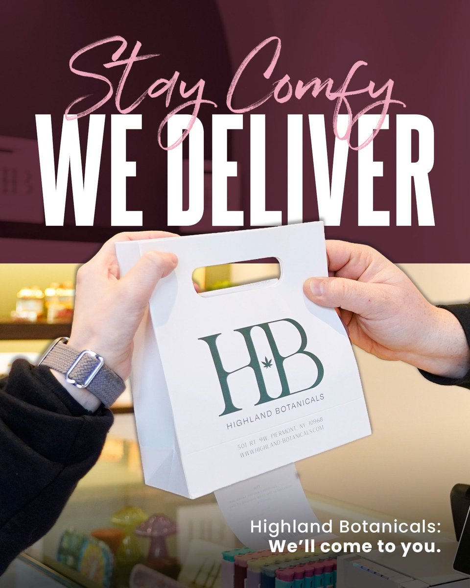 HighlandBotan's tweet image. Staying in tonight? We’ll come to you 🛍️

Delivery now available!
📍 501 US-9W

#NewYorkCannabis #PiermontNY #CannabisCulture #LifestyleBrand #Delivery

21+ only. Licensed New York retailer.