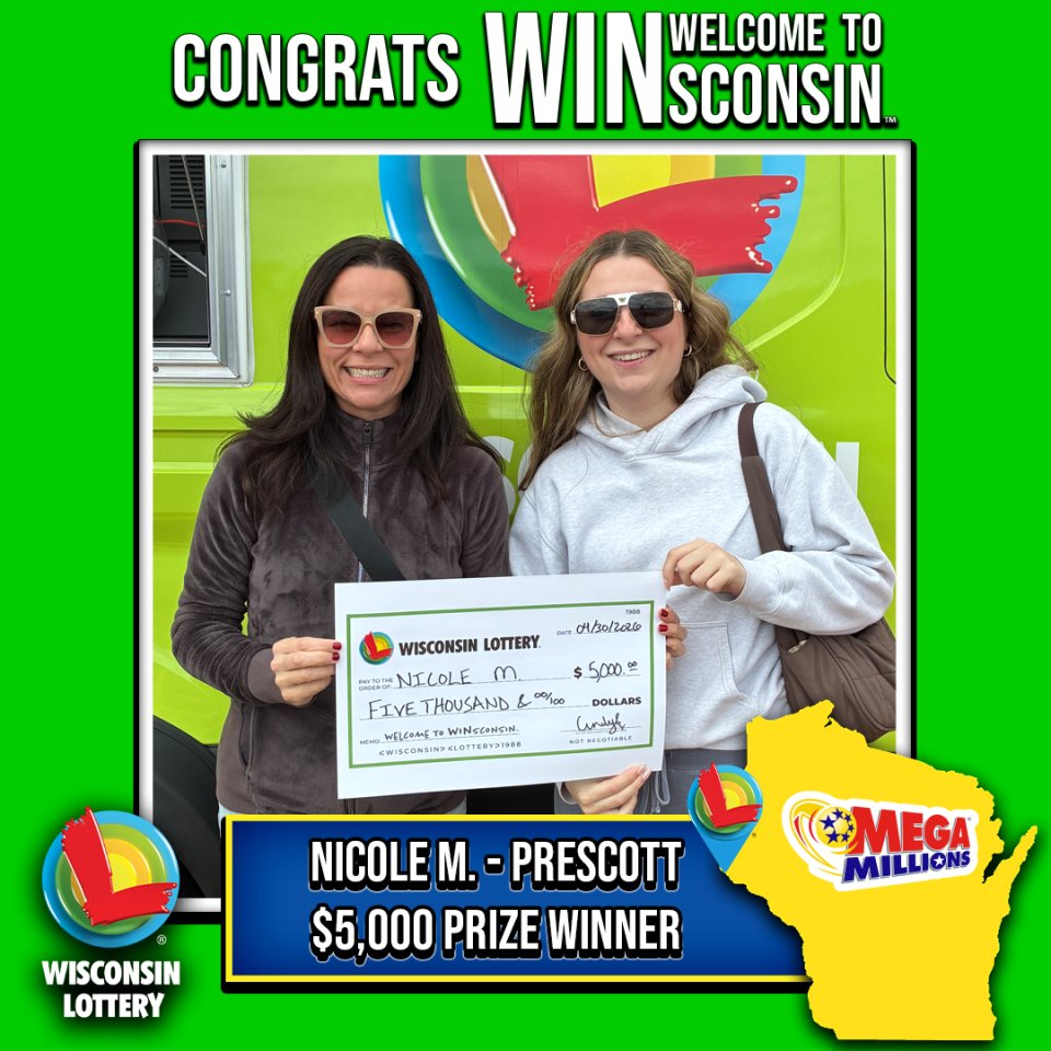 wilottery's tweet photo. #WiscoWinner
Here's proof that the Winner Wagon isn't just a catchy name—it’s Nicole M.’s new favorite ride! 🏎️💨
The Prescott resident won $5,000 by purchasing a Mega Millions ticket from Kwik Trip on 1200 Henry St. in Prescott.
To validate her winning ticket, Nicole went to the recent Winner Wagon event in Eau Claire.
Talk about a road trip that actually pays for itself (and then some🥳 ).
Learn more about Mega Millions at https://t.co/syfa2G4fL5.