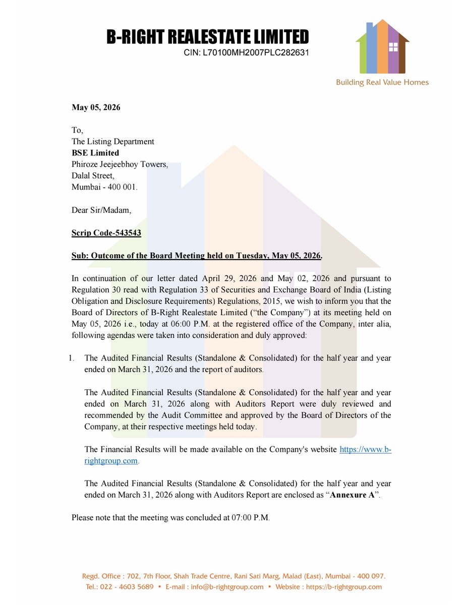 nileshkurhade's tweet photo. 📌 B-Right Realestate Ltd informed the exchange about its approval for the financial results for the period ended March 31, 2026. #SME #BRRL 📄🧾 https://t.co/bpLsK49jPc