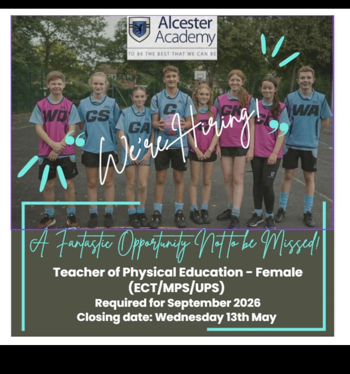 We are hiring at Alcester Academy for a Female PE Teacher to join our PE department. Closing date soon approaching- Contact us for more details and arrange a visit.