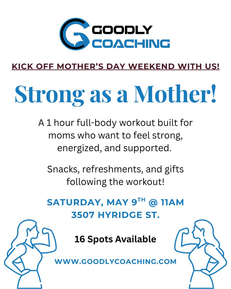 goodlycoaching's tweet photo. 𝐒𝐭𝐫𝐨𝐧𝐠 𝐚𝐬 𝐚 𝐌𝐨𝐭𝐡𝐞𝐫 💐💪

FREE workout. Strong moms. Great community. ✅

🗓 This Saturday
⏰ 11:00am
📍 Goodly Coaching

Only a few spots left! Comment MOM and we’ll send you the signup link. 👇

#BeGoodly #StrongMoms #StrengthTraining #Community #MothersDay https://t.co/sXct37KMWi