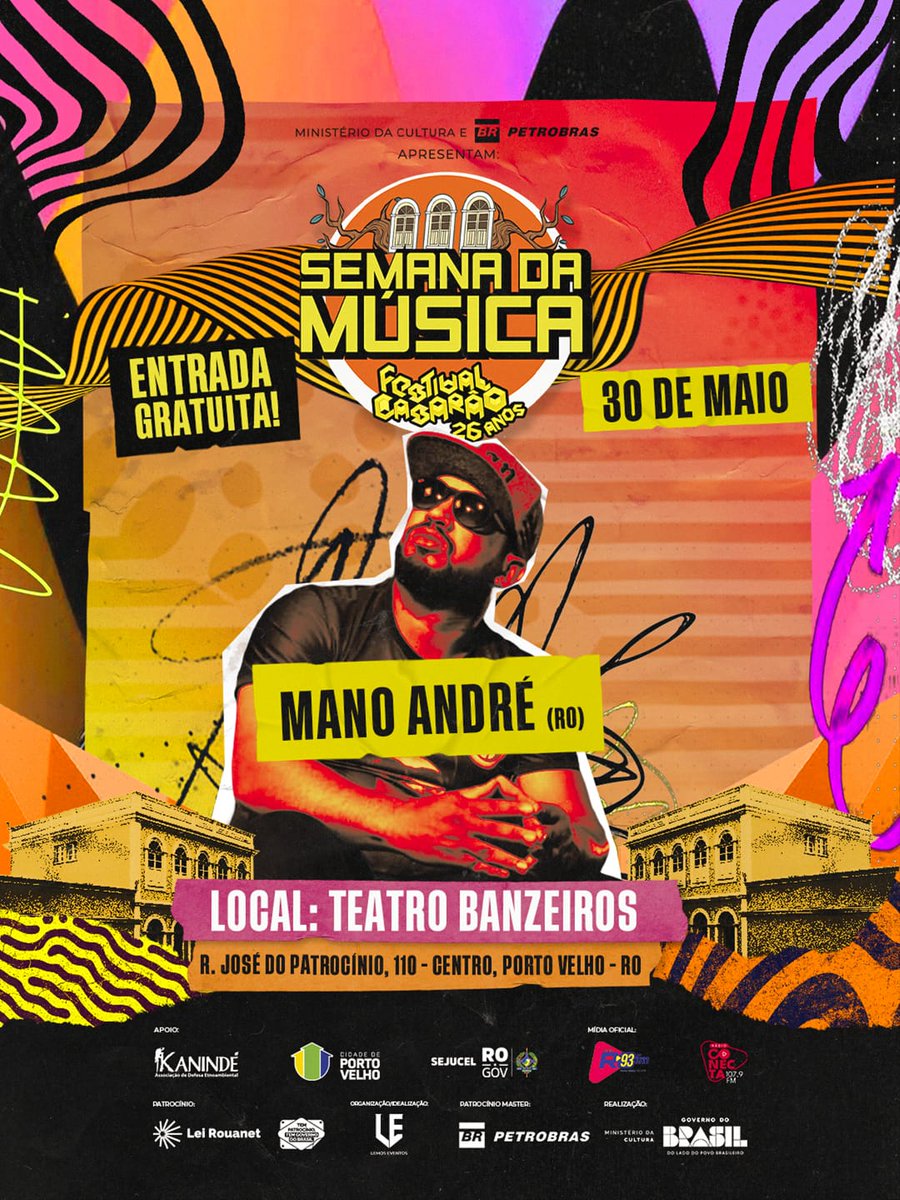 festivalcasarao's tweet photo. 🎤🔥 Começamos a divulgar as atrações da Semana da Música Casarão 2026 🔥🎤

A Semana da Música é para atividades formativas, debates, discussões, oficinas e tudo mais… mas também tem muita música.

Além de oficinas, debates e workshops, cada dia da Semana da Música é encerrado com shows  conectando artistas, público e a cena ao vivo.

E hoje confirmamos: 

Mano André - @manoandreoficiall

Natural de São Bernardo do Campo-SP e residente atualmente em Candeias do Jamari-RO, Mano André, iniciou sua trajetória musical em 1997 inspirado pela música “Fim de Semana no Parque”, do grupo Racionais MC’s.

 A partir do impacto das letras que abordavam questões sociais, políticas e culturais, o artista iniciou seu percurso artístico voltado à música como instrumento de reflexão, transformação social e educação popular. 

Com mais de duas décadas de experiência na cena hip hop, Mano André desenvolve um trabalho que mescla consciência social, narrativas de vida e resistência cultural, utilizando o rap como ferramenta de comunicação e resgate de jovens em situações de vulnerabilidade. Sua música reflete a vivência periférica e a luta por direitos, oportunidades e representatividade social.

E tocarão no seguinte dia da Semana da Música:

📅 30 de maio
📍 Em frente ao Teatro Banzeiros – Porto Velho
🎟️ entrada gratuita

É o começo de uma semana que mistura conhecimento e palco, ideia e som, formação e experiência real. 

Semana da Música + Festival Casarão – junção que mostra algo muito importante: viver a música acontecendo.

Produção/Idealização: @lemoseventospvh 
Co-produção: @fitacrepe

✨ A Semana da Música Casarão e o Festival Casarão 26 anos contam com patrocínio da Petrobras - @petrobras, pelo #PetrobrasCultural, por meio do Edital Seleção Petrobras Cultural – Novos Eixos 2025, via Lei Rouanet, @minc e @govbr.

"Onde tem patrocínio à cultura tem Governo do Brasil!"

#FestivalCasarao #Casarao26Anos #LeiRouanet #PetrobrasCultural