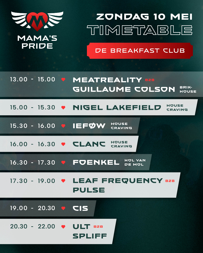MamasPrideFest's tweet photo. 𝗗𝗘 𝗧𝗜𝗠𝗘𝗧𝗔𝗕𝗟𝗘 𝗩𝗔𝗡 𝗭𝗢𝗡𝗗𝗔𝗚 ⏰
De laatste dag van het weekend. Nog één keer alles geven. Check de timetable en mis niets van het middagprogramma en de afsluiters van Mama’s Pride. https://t.co/asZjrt4ZNN