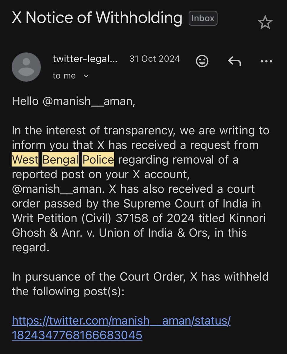 manish__aman's tweet photo. I hope I won’t receive any notices from West Bengal police from now on,

This I received back in 2024 after RG Kar Case for criticising CM on X. https://t.co/XKSGlzAWlW