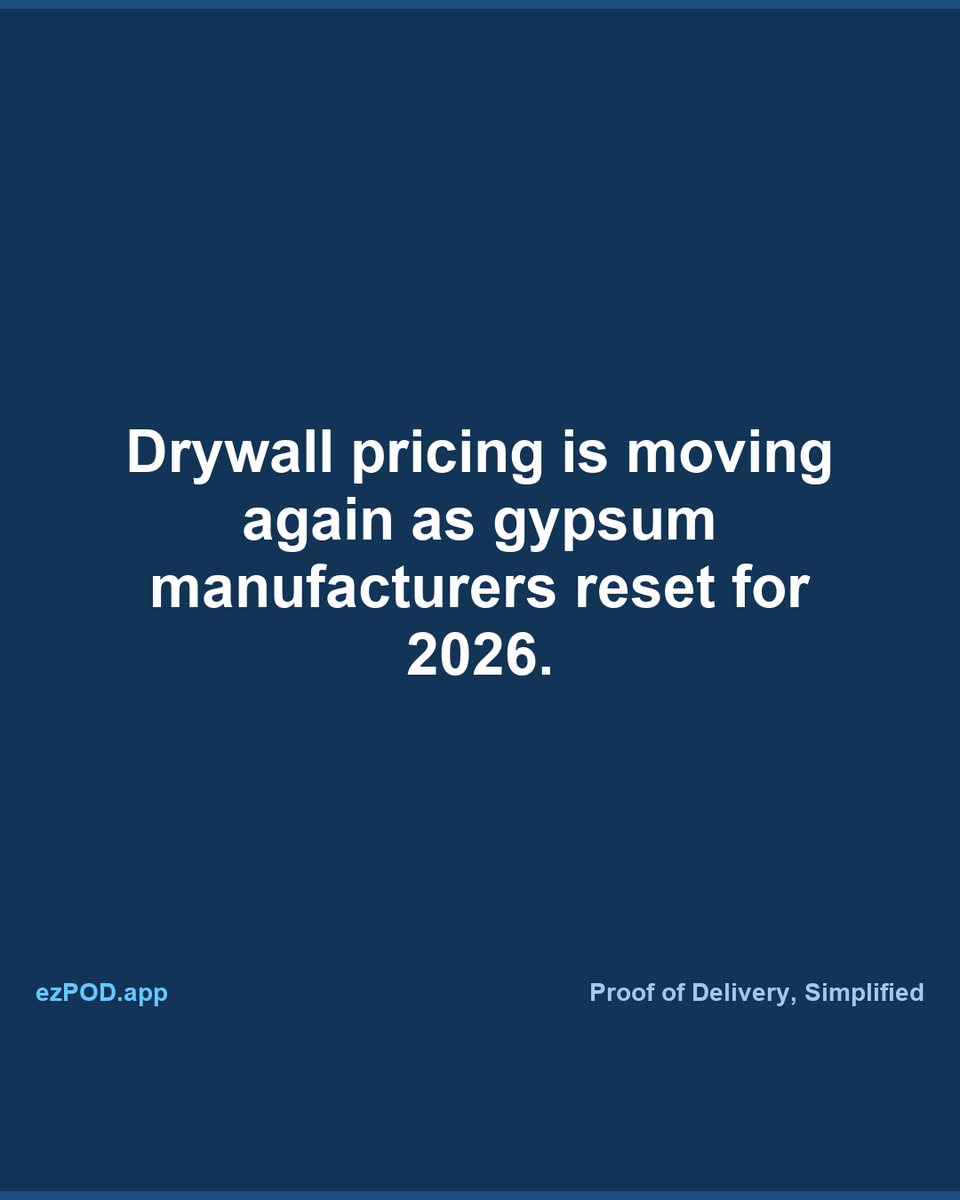 ezpodapp's tweet photo. Drywall pricing is moving again as major gypsum producers post May and June 2026 adjustments. Suppliers should tighten quote windows and watch specialty insulation mix. https://t.co/lWUQygWm7r https://t.co/LRLrRbigFH